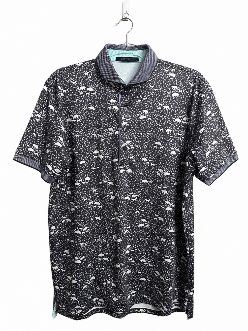 Greyson EUC Dark Grey Performance Golf Polo Woodland Animal/Botanical Print